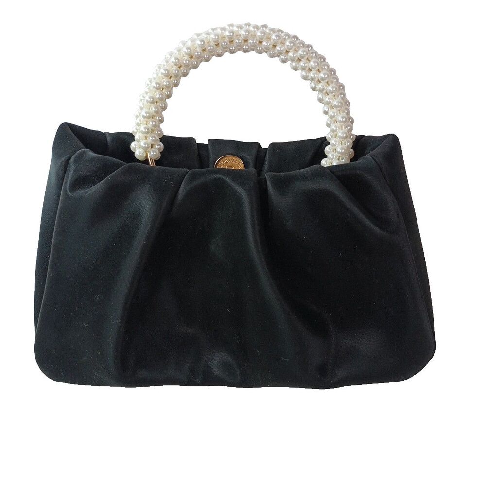 Black Pleated Mini Handbag Pearl Beaded Handle Formal Evening Clutch